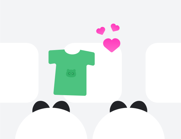 두 마리의 팬더가 인기 상품인 초록색 티셔츠를 보고 있는 일러스트