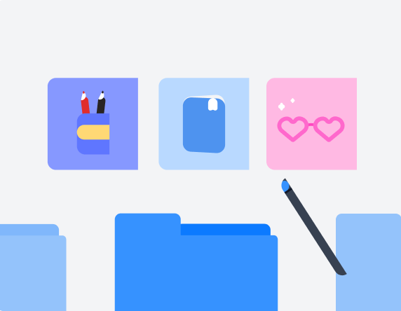 아래에 폴더들이 있고, 그 위에 마법봉으로 가운데의 연필꽂이, 공책, 하트 프레임 안경을 가리키는 일러스트