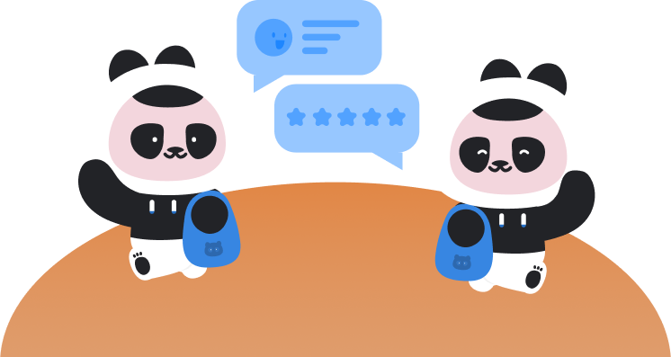 팬더 두 마리가 파란 장바구니를 메고 서로 상품 후기를 주고받는 일러스트